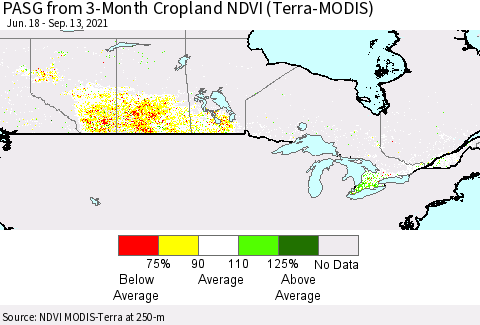 Canada PASG from 3-Month Cropland NDVI (Terra-MODIS) Thematic Map For 9/6/2021 - 9/13/2021