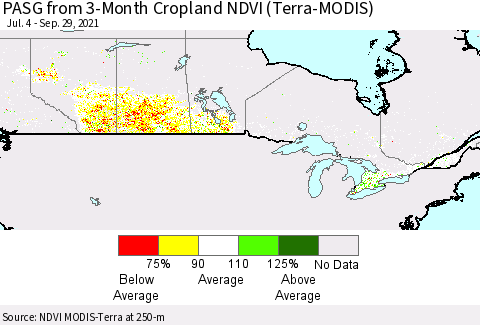 Canada PASG from 3-Month Cropland NDVI (Terra-MODIS) Thematic Map For 9/22/2021 - 9/29/2021