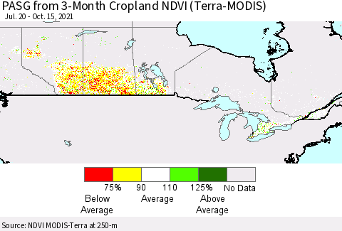 Canada PASG from 3-Month Cropland NDVI (Terra-MODIS) Thematic Map For 10/8/2021 - 10/15/2021