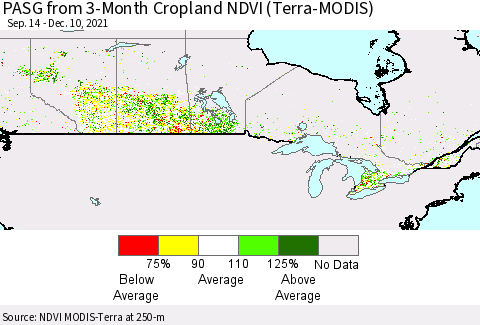 Canada PASG from 3-Month Cropland NDVI (Terra-MODIS) Thematic Map For 12/3/2021 - 12/10/2021
