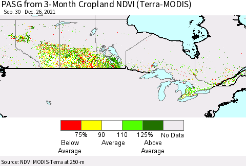 Canada PASG from 3-Month Cropland NDVI (Terra-MODIS) Thematic Map For 12/19/2021 - 12/26/2021