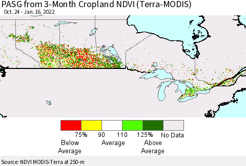 Canada PASG from 3-Month Cropland NDVI (Terra-MODIS) Thematic Map For 1/9/2022 - 1/16/2022
