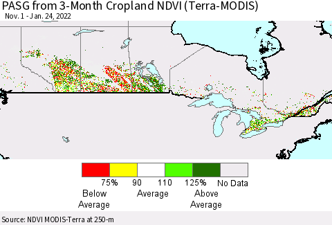 Canada PASG from 3-Month Cropland NDVI (Terra-MODIS) Thematic Map For 1/17/2022 - 1/24/2022