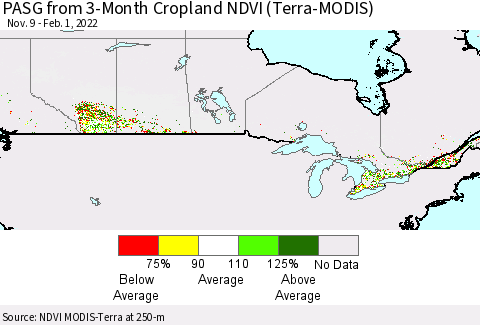 Canada PASG from 3-Month Cropland NDVI (Terra-MODIS) Thematic Map For 1/25/2022 - 2/1/2022