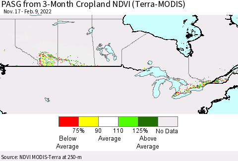 Canada PASG from 3-Month Cropland NDVI (Terra-MODIS) Thematic Map For 2/2/2022 - 2/9/2022