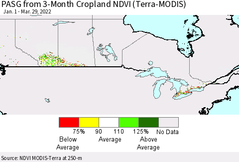 Canada PASG from 3-Month Cropland NDVI (Terra-MODIS) Thematic Map For 3/22/2022 - 3/29/2022