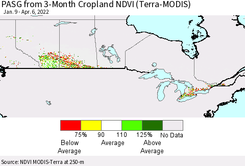 Canada PASG from 3-Month Cropland NDVI (Terra-MODIS) Thematic Map For 3/30/2022 - 4/6/2022