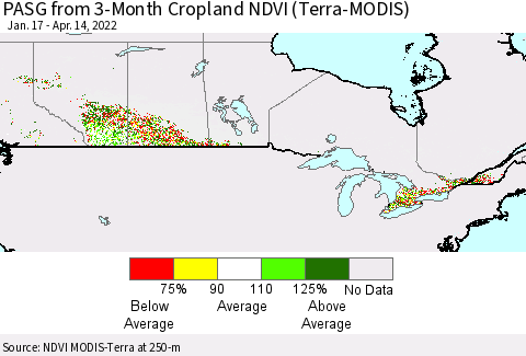 Canada PASG from 3-Month Cropland NDVI (Terra-MODIS) Thematic Map For 4/7/2022 - 4/14/2022