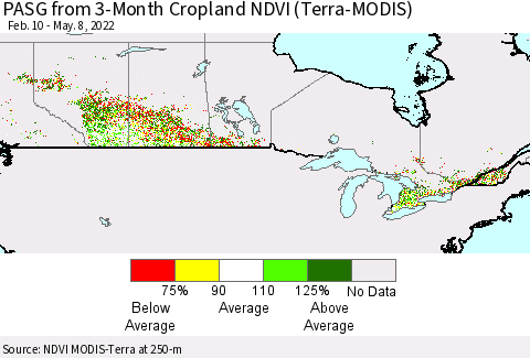 Canada PASG from 3-Month Cropland NDVI (Terra-MODIS) Thematic Map For 5/1/2022 - 5/8/2022