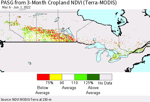 Canada PASG from 3-Month Cropland NDVI (Terra-MODIS) Thematic Map For 5/25/2022 - 6/1/2022