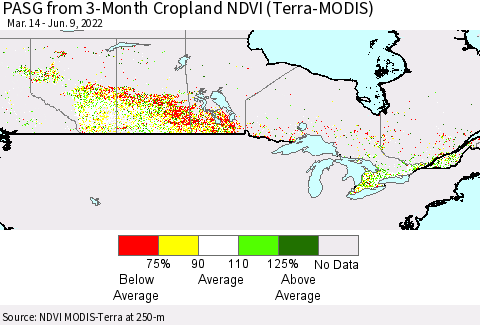 Canada PASG from 3-Month Cropland NDVI (Terra-MODIS) Thematic Map For 6/2/2022 - 6/9/2022