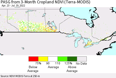 Canada PASG from 3-Month Cropland NDVI (Terra-MODIS) Thematic Map For 7/12/2022 - 7/19/2022