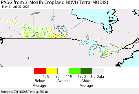 Canada PASG from 3-Month Cropland NDVI (Terra-MODIS) Thematic Map For 7/20/2022 - 7/27/2022