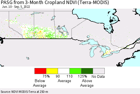 Canada PASG from 3-Month Cropland NDVI (Terra-MODIS) Thematic Map For 8/29/2022 - 9/5/2022
