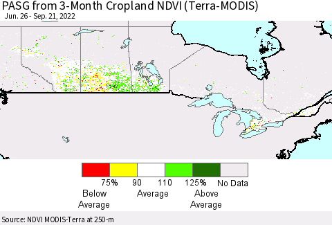 Canada PASG from 3-Month Cropland NDVI (Terra-MODIS) Thematic Map For 9/14/2022 - 9/21/2022