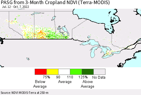 Canada PASG from 3-Month Cropland NDVI (Terra-MODIS) Thematic Map For 9/30/2022 - 10/7/2022