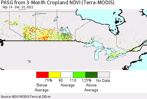 Canada PASG from 3-Month Cropland NDVI (Terra-MODIS) Thematic Map For 12/3/2022 - 12/10/2022