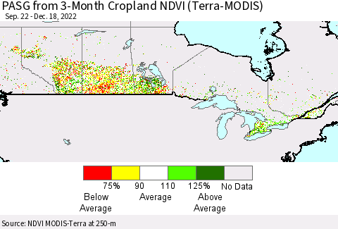 Canada PASG from 3-Month Cropland NDVI (Terra-MODIS) Thematic Map For 12/11/2022 - 12/18/2022