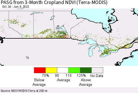 Canada PASG from 3-Month Cropland NDVI (Terra-MODIS) Thematic Map For 1/1/2023 - 1/8/2023