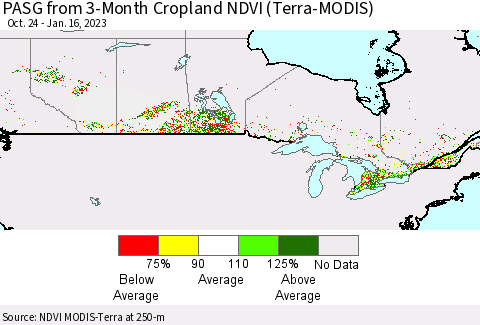 Canada PASG from 3-Month Cropland NDVI (Terra-MODIS) Thematic Map For 1/9/2023 - 1/16/2023