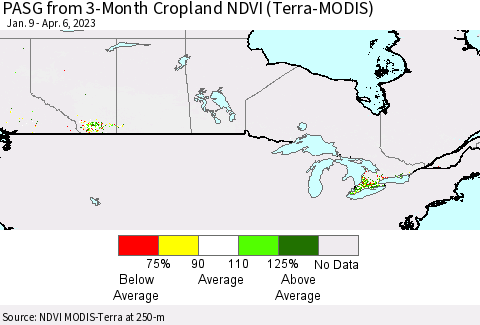 Canada PASG from 3-Month Cropland NDVI (Terra-MODIS) Thematic Map For 3/30/2023 - 4/6/2023