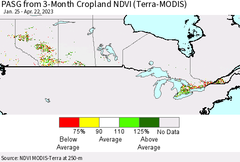 Canada PASG from 3-Month Cropland NDVI (Terra-MODIS) Thematic Map For 4/15/2023 - 4/22/2023