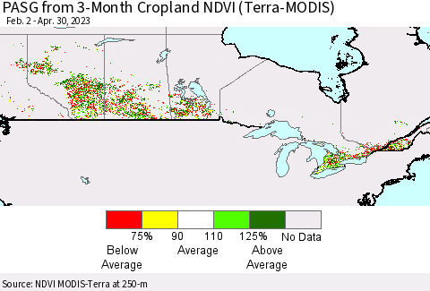 Canada PASG from 3-Month Cropland NDVI (Terra-MODIS) Thematic Map For 4/23/2023 - 4/30/2023