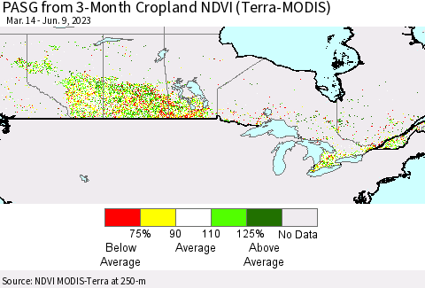 Canada PASG from 3-Month Cropland NDVI (Terra-MODIS) Thematic Map For 6/2/2023 - 6/9/2023