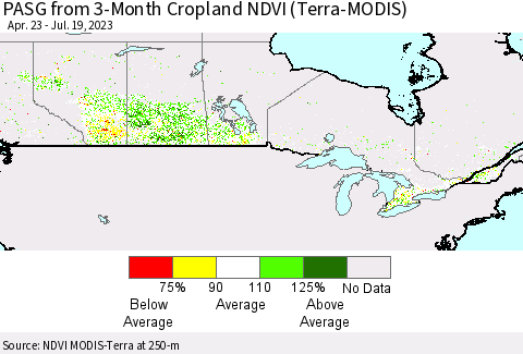 Canada PASG from 3-Month Cropland NDVI (Terra-MODIS) Thematic Map For 7/12/2023 - 7/19/2023