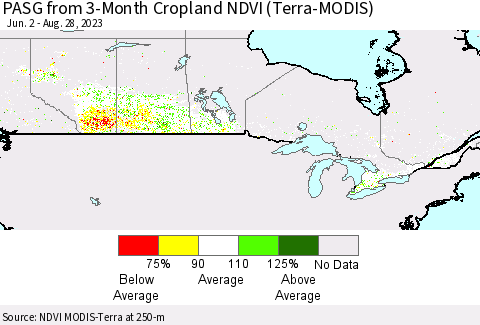 Canada PASG from 3-Month Cropland NDVI (Terra-MODIS) Thematic Map For 8/21/2023 - 8/28/2023