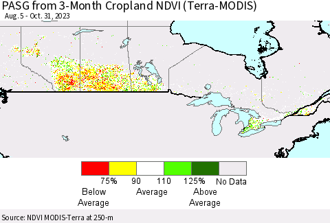 Canada PASG from 3-Month Cropland NDVI (Terra-MODIS) Thematic Map For 10/24/2023 - 10/31/2023