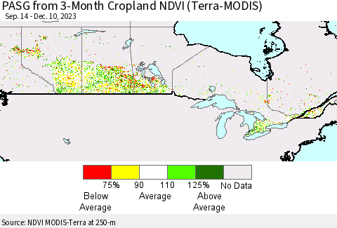 Canada PASG from 3-Month Cropland NDVI (Terra-MODIS) Thematic Map For 12/3/2023 - 12/10/2023