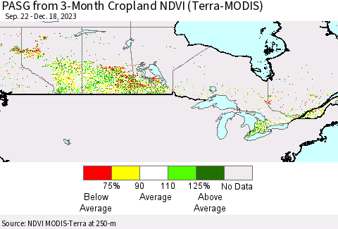 Canada PASG from 3-Month Cropland NDVI (Terra-MODIS) Thematic Map For 12/11/2023 - 12/18/2023