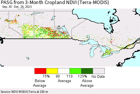 Canada PASG from 3-Month Cropland NDVI (Terra-MODIS) Thematic Map For 12/19/2023 - 12/26/2023