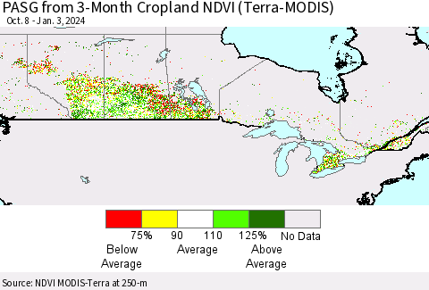 Canada PASG from 3-Month Cropland NDVI (Terra-MODIS) Thematic Map For 12/27/2023 - 1/3/2024
