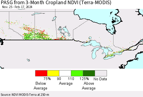Canada PASG from 3-Month Cropland NDVI (Terra-MODIS) Thematic Map For 2/10/2024 - 2/17/2024