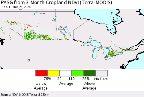 Canada PASG from 3-Month Cropland NDVI (Terra-MODIS) Thematic Map For 3/21/2024 - 3/28/2024