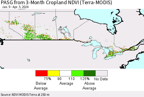 Canada PASG from 3-Month Cropland NDVI (Terra-MODIS) Thematic Map For 3/29/2024 - 4/5/2024
