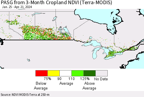 Canada PASG from 3-Month Cropland NDVI (Terra-MODIS) Thematic Map For 4/14/2024 - 4/21/2024