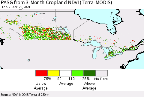 Canada PASG from 3-Month Cropland NDVI (Terra-MODIS) Thematic Map For 4/22/2024 - 4/29/2024