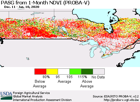 Canada PASG from 1-Month NDVI (PROBA-V) Thematic Map For 1/1/2020 - 1/10/2020
