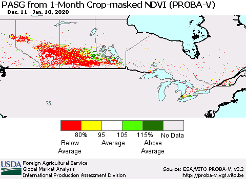 Canada PASG from 1-Month Crop-masked NDVI (PROBA-V) Thematic Map For 1/1/2020 - 1/10/2020