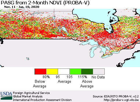 Canada PASG from 2-Month NDVI (PROBA-V) Thematic Map For 1/1/2020 - 1/10/2020