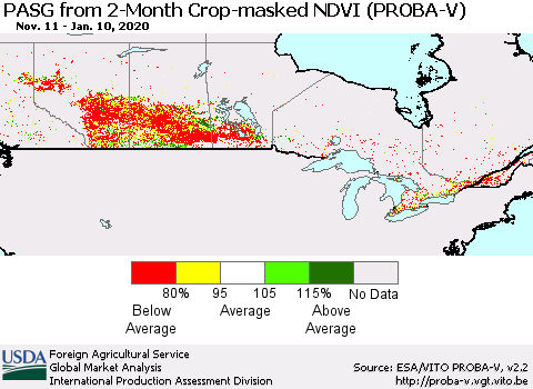 Canada PASG from 2-Month Crop-masked NDVI (PROBA-V) Thematic Map For 1/1/2020 - 1/10/2020