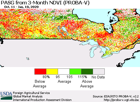 Canada PASG from 3-Month NDVI (PROBA-V) Thematic Map For 1/1/2020 - 1/10/2020