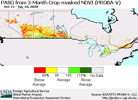 Canada PASG from 3-Month Crop-masked NDVI (PROBA-V) Thematic Map For 1/1/2020 - 1/10/2020
