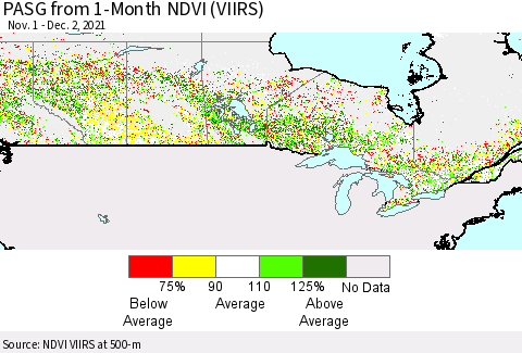 Canada PASG from 1-Month NDVI (VIIRS) Thematic Map For 11/25/2021 - 12/2/2021