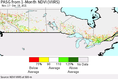 Canada PASG from 1-Month NDVI (VIIRS) Thematic Map For 12/11/2021 - 12/18/2021
