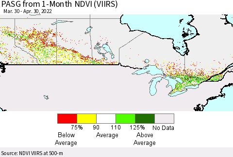 Canada PASG from 1-Month NDVI (VIIRS) Thematic Map For 4/23/2022 - 4/30/2022