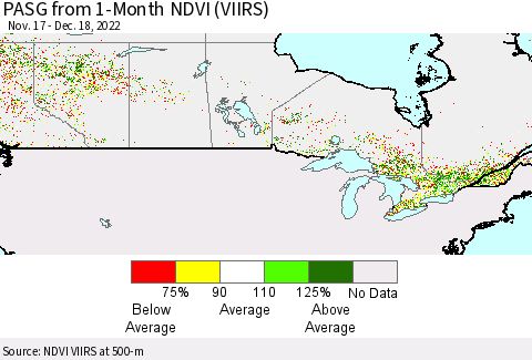 Canada PASG from 1-Month NDVI (VIIRS) Thematic Map For 12/11/2022 - 12/18/2022